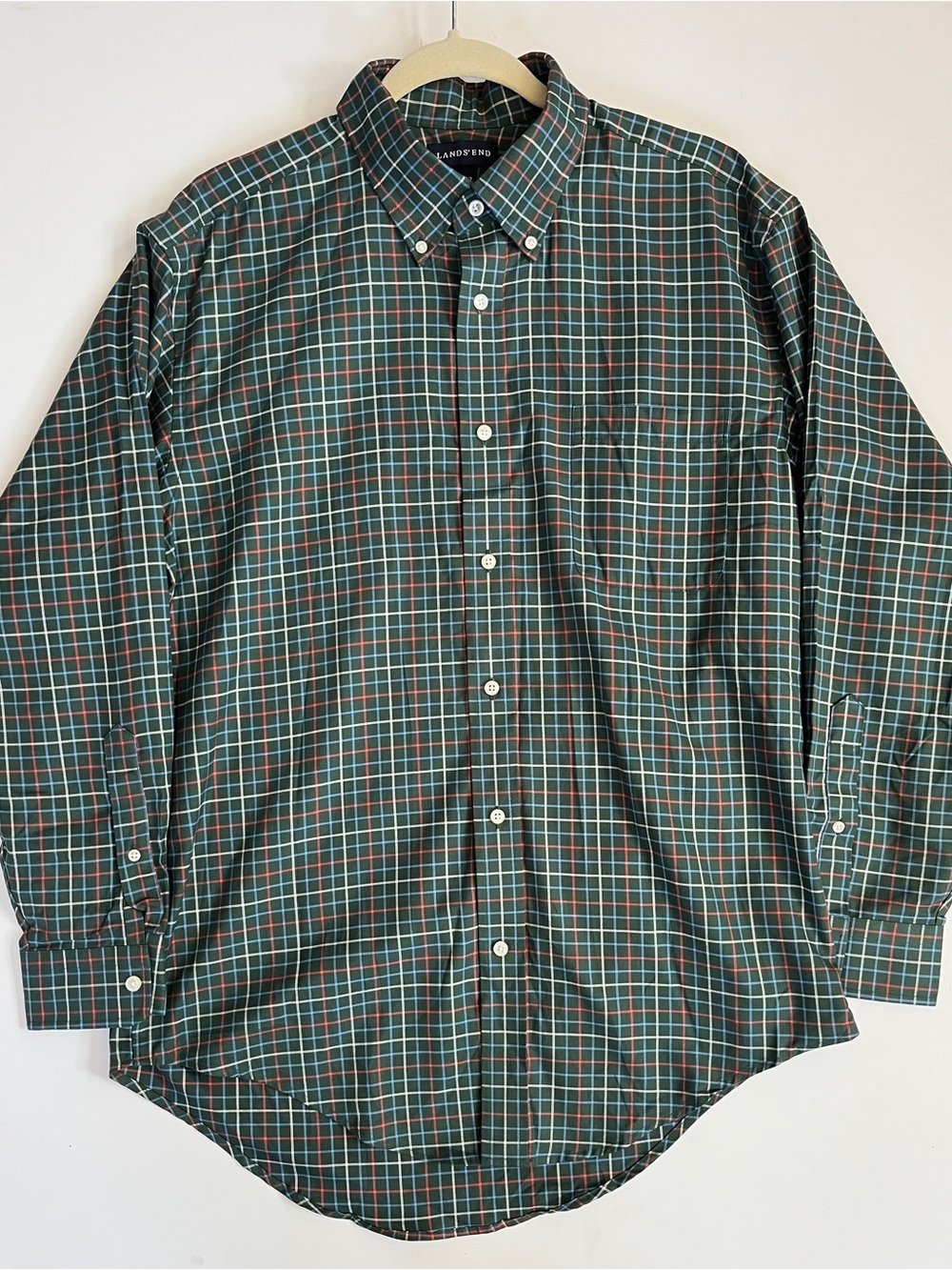 NWT Lands' End Men's Green Plaid Button-Down Shirt Size 16-32